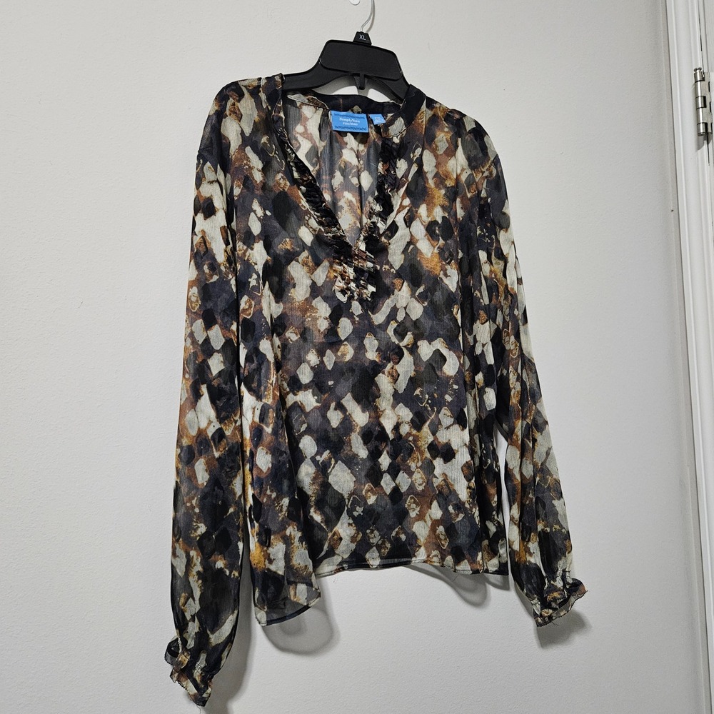 Simply Vera Vera Wang Womens PXL‎ Sheer Ruffle V-Neck Blouse Abstract Print